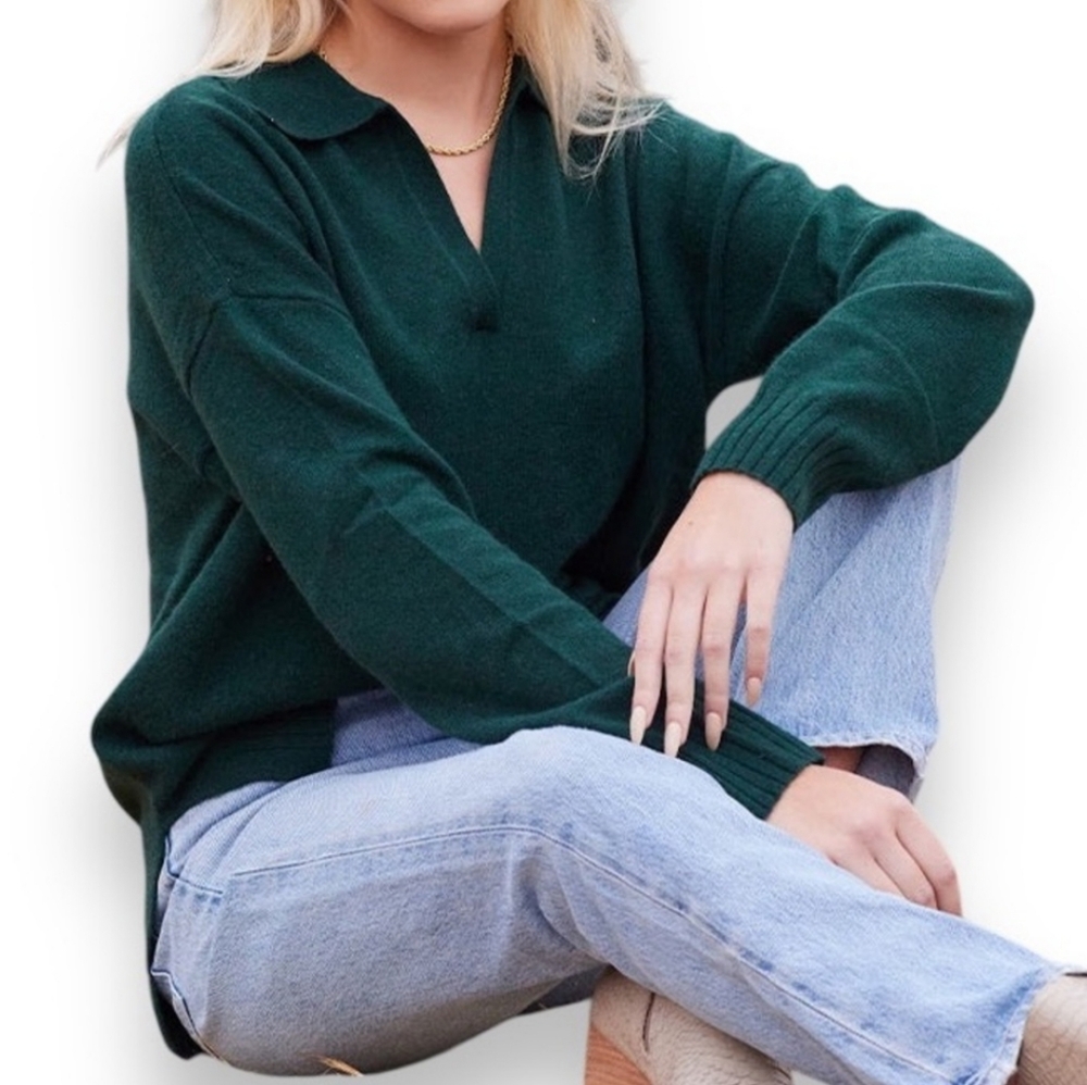 MINNIE ROSE Dark Green Cashmere Long & Lean Polo Sweater
